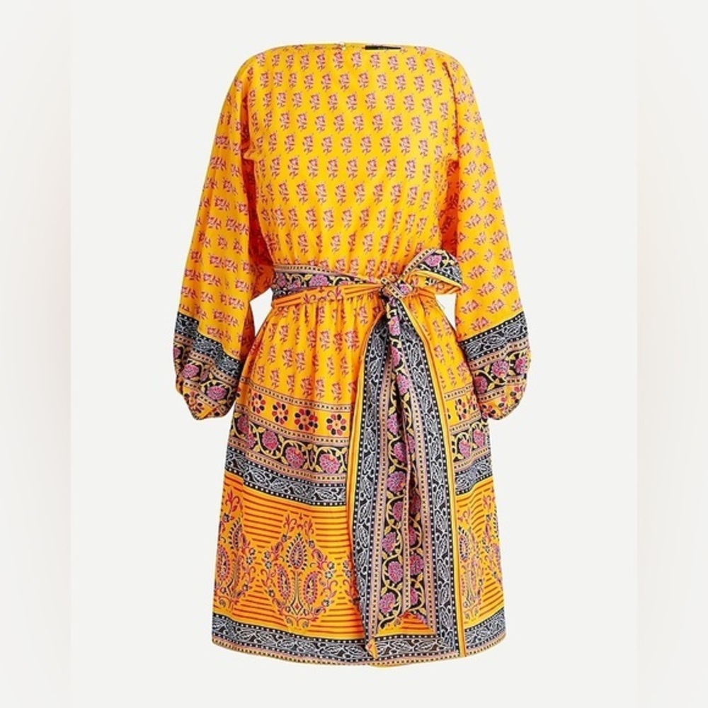 New J Crew Women Yellow Paisley Block Print Dolman Sleeve Belt A-line Dress XXS